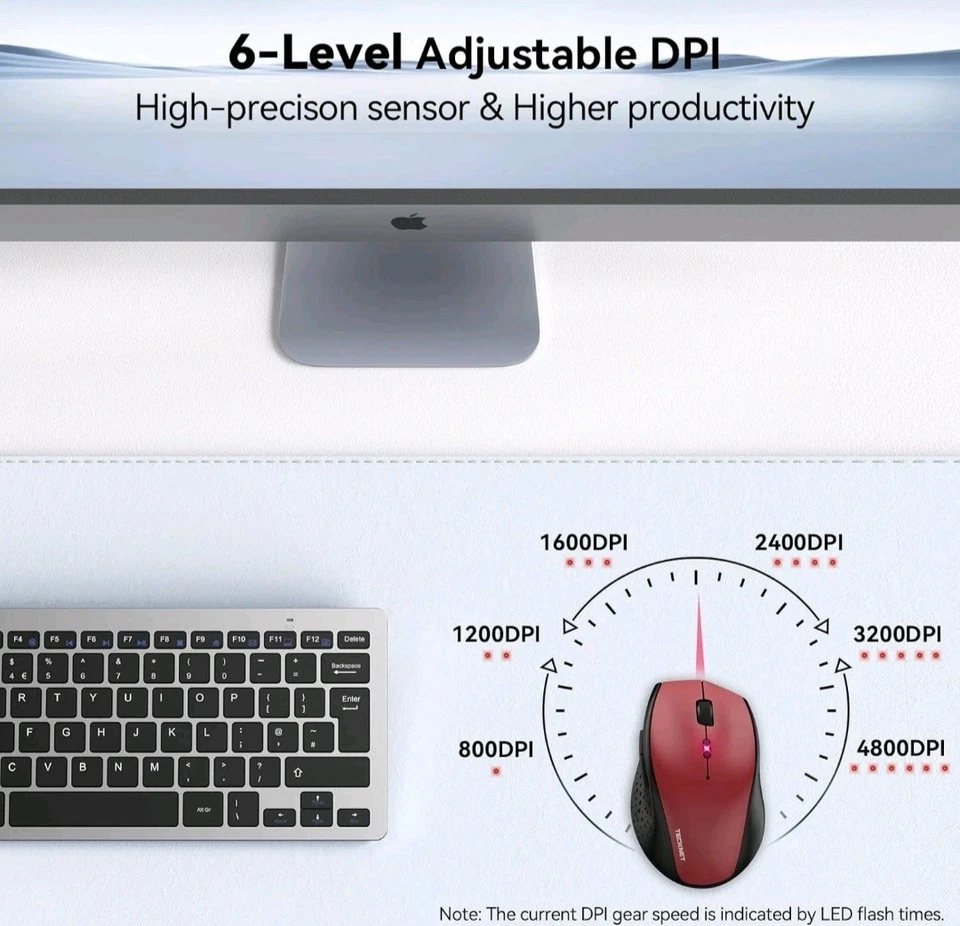 TECKNET 2.4G Wireless Mouse for Laptop, 4800 DPI Optical Computer Mice Red  - Image 2 of 4