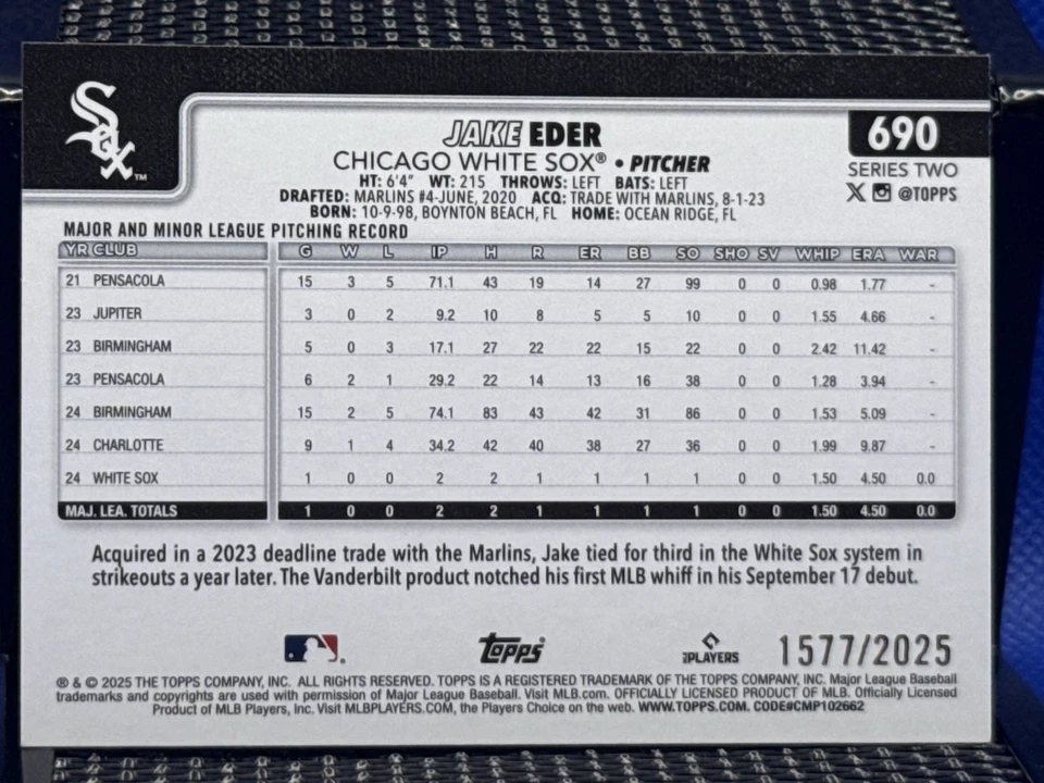 2025 Topps Series Two JAKE EDER White Sox Gold 1577/2025 - Image 2 of 2