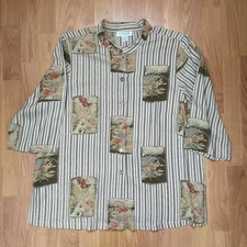 Vintage Citron Women’s Stripes & Floral 100% Silk Button Up Shirt Size XL