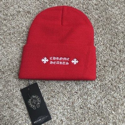 Chrome Hearts Red Solid Knit Beanie Hat One Size Men Cross Embroidered Logo