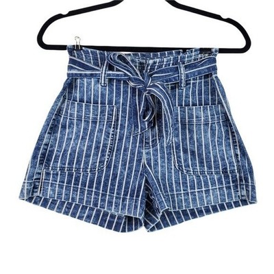American Eagle Womens Blue Striped Belted Hight Waist Denim Mom Shorts Size 0