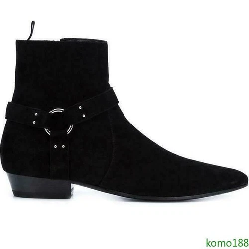 British Mens Suede High Top Flats Shoes Black Pointed Toe Chelsea Ankle Boots - Picture 13 of 13