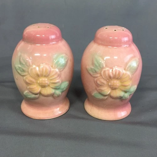 Vintage Hull Pottery Sunglow Pink Ceramic Embossed Floral Salt & Pepper Set