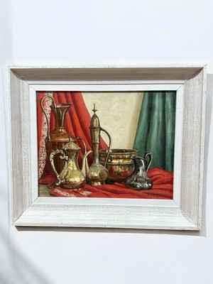 Mid Century original signiertes Öl - Eric Bugg. Kupfer & Messing Stillleben Artefakte