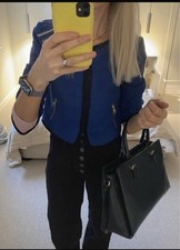 H&M Ladies Royal Blue Boucle Style Cropped Jacket Size 14