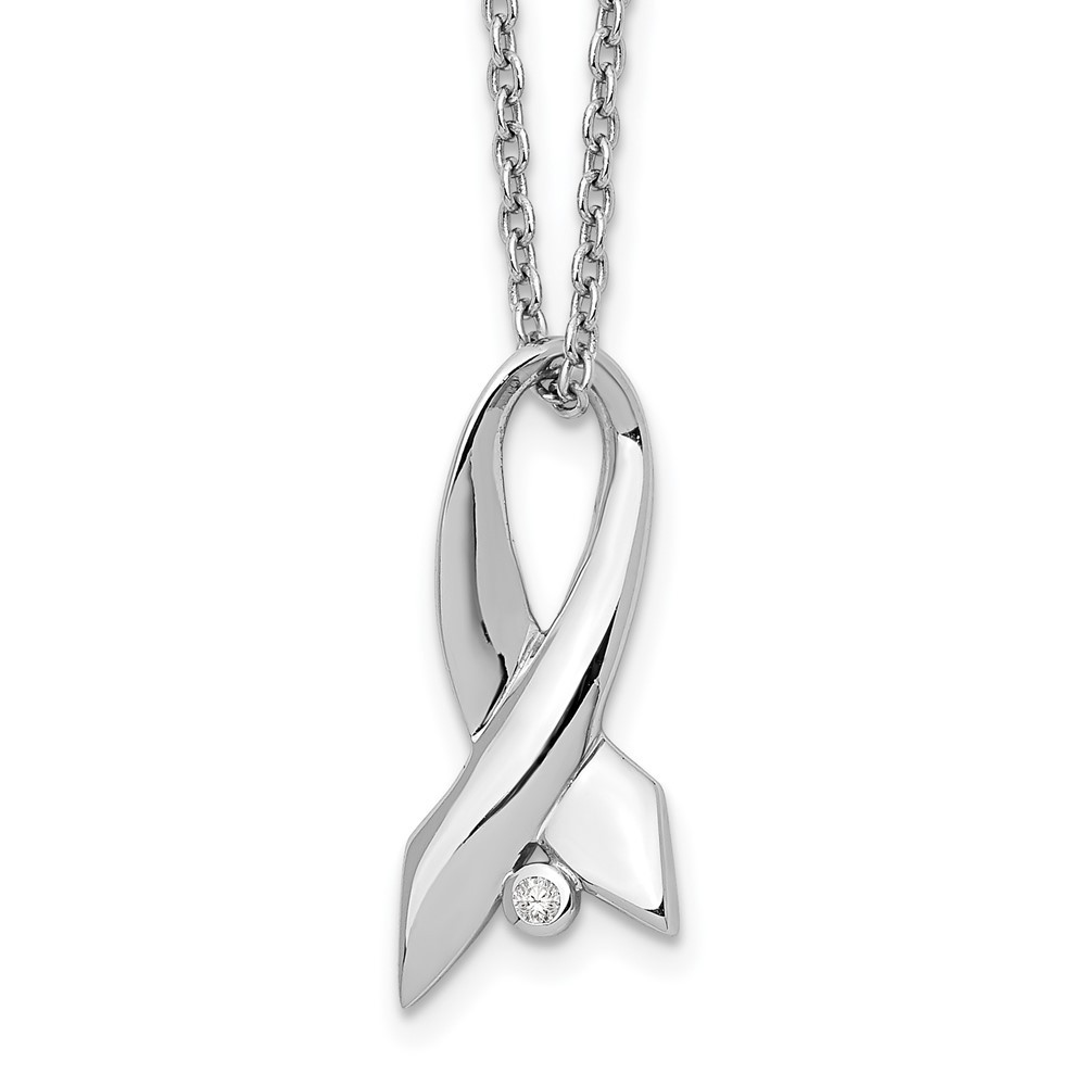 Sterling Silver Rhodium-plated Diamond Awareness Ribbon Necklace 18