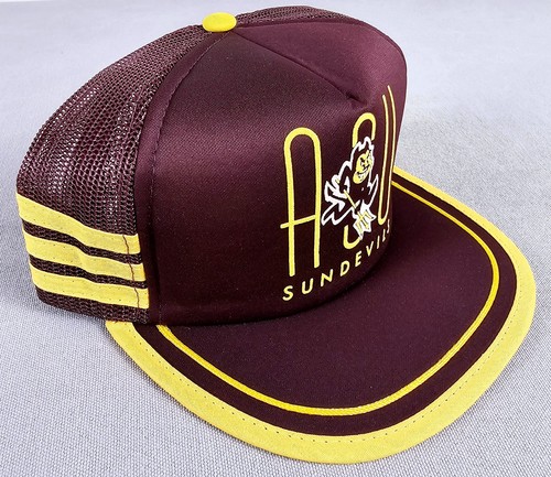 Vintage Arizona Sun Devils 3 Stripe Trucker Mesh Back Hat Cap New Old Stock - Picture 2 of 8