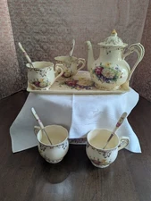 Porcelain Floral TEA SET w/4 Cups-Teapot- 4 Spoons & Serving TRAY,  NEW w/noTags