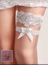 Cherry Lingerie White Bridal Lace Garters Set with Pearls, Rhinestones, Bow