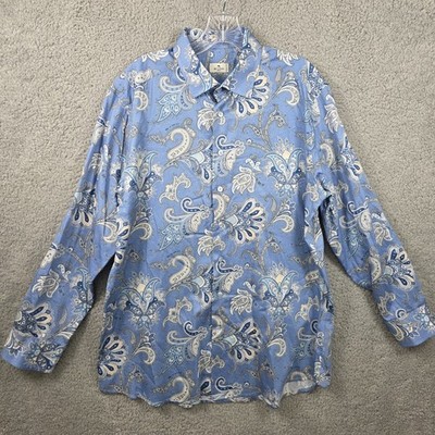 ETRO Milano Men's Blue Floral Paisley Button Up Shirt Size 43 Made in Italy 