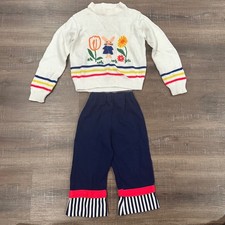 Vintage 3T Bunny Floral Knit Sweater and Striped Flare Pants Set Navy Cream