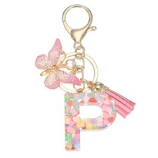 Alphabet Initial Letter Keychain Cute Charm with Tassel Butterfly Letter P Pink