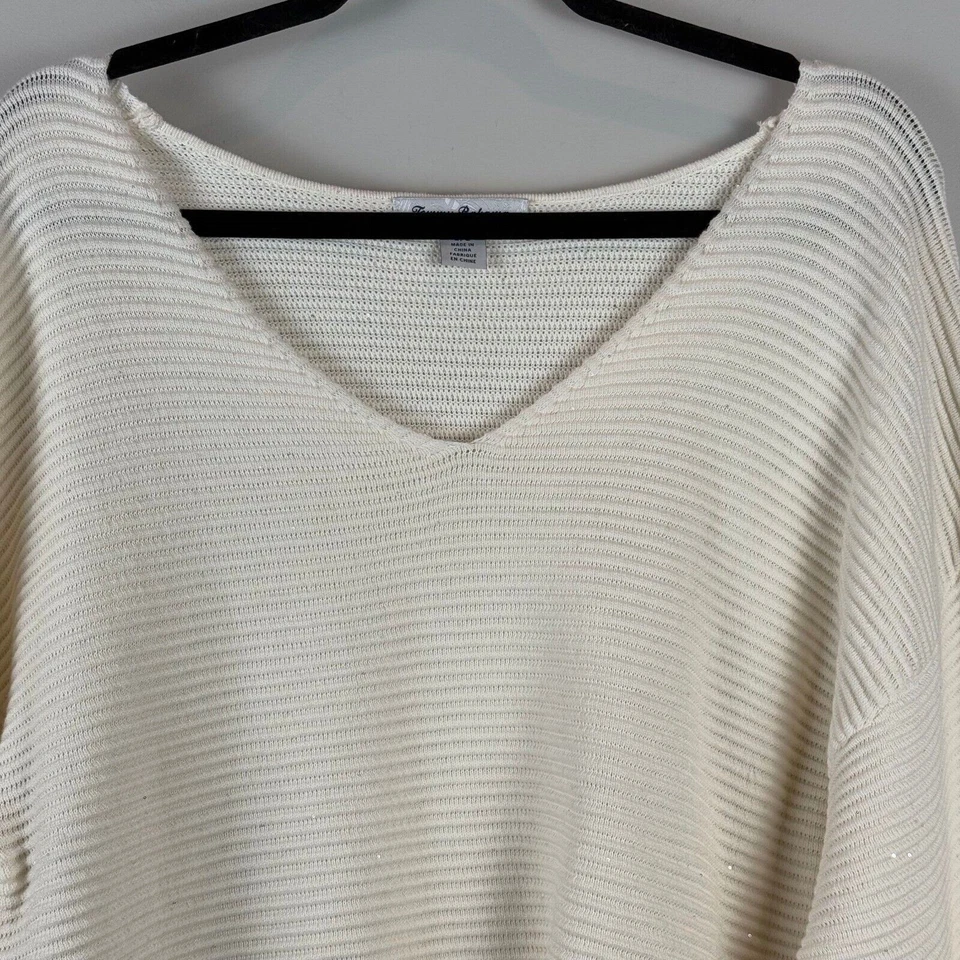 Suéter Tommy Bahama Mujer Marfil Talla L Tejido Acanalado Brillante Minimalista Preppy Salón Foto 2 de 4