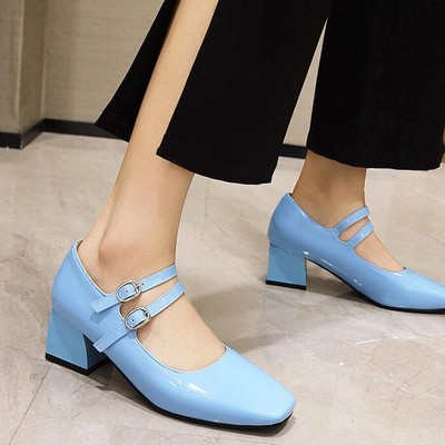 Women's Mary Jane Shoes Plus Size Suare Toe Block Heel Strap Dress Lolita Pumps 