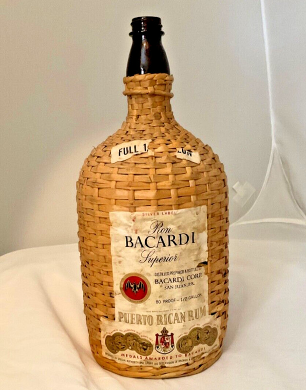 1960's Vtg BACARDI RUM BOTTLE  WICKER WRAPPED, 14-15" high made in Portugal