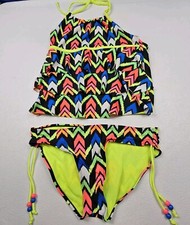 Justice Junior Girls Blue Pink Neon Green Swim Tankini 2 Piece Swimsuit Size 16
