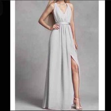 New Vera Wang “White” Chiffon Bridesmaid Sterling Silver Maxi Dress Size: 14
