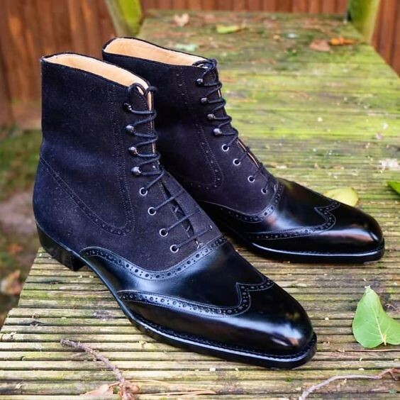 's Black Leather, Suede Oxford Lace Up Wingtip Dress Boots M