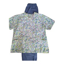 Medical Nursing Scrub Set Natural flowered top  White Stag pants color blue M