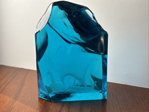 Vintage J.O. Lake Ekenas Sweden Glass Paperweight Sculpture | Blue Signed. Chip - Picture 9 of 18
