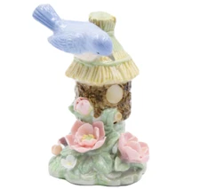✤ New COSMOS GIFTS Fine Porcelain Figurine BLUEBIRD BIRDHOUSE Pink Flower Garden
