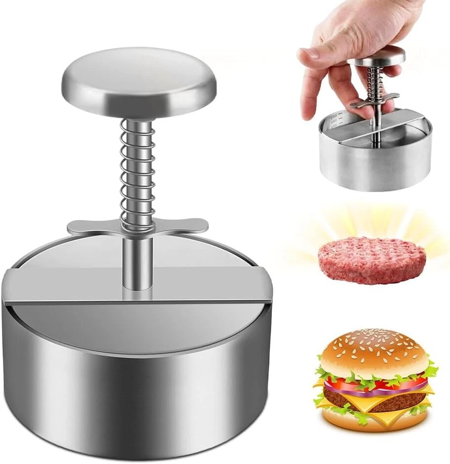 Prensa de hamburguesas ajustable de acero inoxidable y máquina de hamburguesas antiadherente profesional