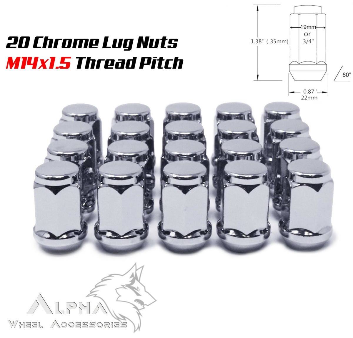 20 Chrome Lug Nuts 14x1.5 For 2019 - Newer Jeep Wrangler JL