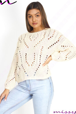NEU Damen schwarz Pointelle Jump Grobstrickb Rundhals Strick Bluse STRICKPULLOVER TOP 