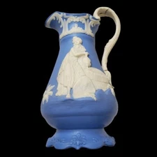 Vtg Sam Alcock and Co Pitcher Lady At The Well Light Blue and White 3D design