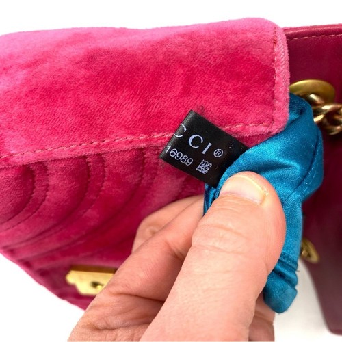 GUCCI GG MINI MARMONT BLACK VELVET PINK FLAP SHOULDER BAG – PRE-AUTHENTICATED - Picture 12 of 15
