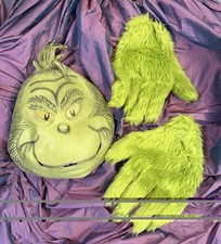 elope Grinch Full Face Mask plastic w/ Furry Gloves Christmas Halloween