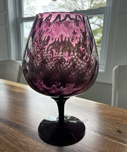 12” MCM Italian Empoli Hand Blown Amethyst Optic Diamond Pedestal Snifter Vase