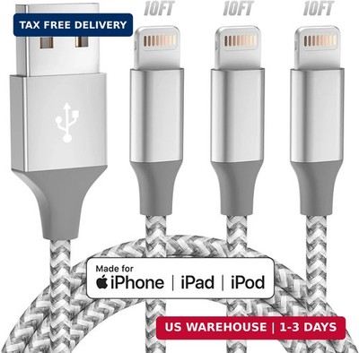 Phone Charger 3pack 10FT Apple MFi Certified Long Lightning Cable Fast Charging