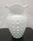Vintage FTD White Hobnail Glass Vase W/Ruffled Edge.