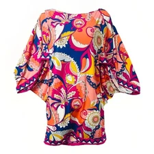 Trina Turk Kaftan Tunic Dress Psychedelic Floral Print Pink Blue Orange M Beach