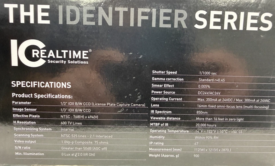 ICRealtime EL-ID1 License Plate Capture Camera 600 Lines,1/1000sec Shutter,NTSC - Image 3 of 4