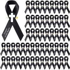 50 Pcs Memorial Funeral Ribbon with Cross Pins Respect Ribbon Bow Forever in