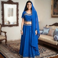 Women s Indian Party Dress, Lehenga, Chodi, Dupatta, Royal Blue, Silver Beaded