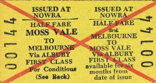 Railway tickets NSWGR Moss Vale to Melbourne first class return Nowra issue