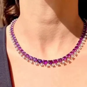 Authentic 50Ct Heart Cut Lab-Created Amethyst Tennis Womens Necklace 14K White Gold Plated