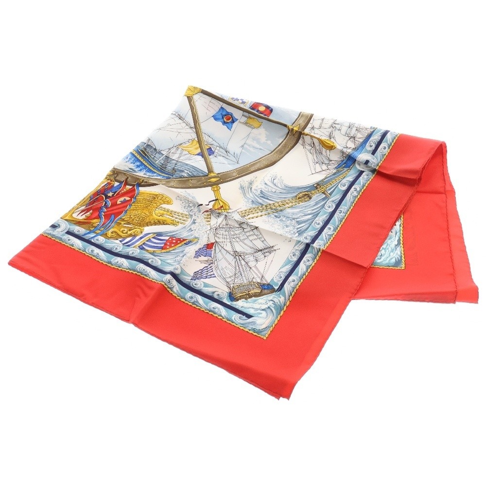 Hermes Carre 90 Vive Le Vent Wind Blowing Ship Silk Scarf Stole Red  