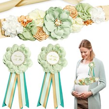 3Pcs Maternity Sash Mother To Be Daddy To Be Baby Shower Set, Green Flower B...