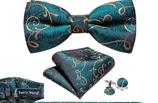 100% Silk Handtaylor Barry. Wang Teal  Color With Gold Paisley  Silk Bow Tie Set