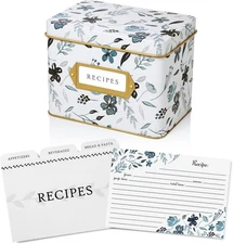 Recipe Card Gift Box 25 4x6 in Cards 14 Dividers Indigo Floral
