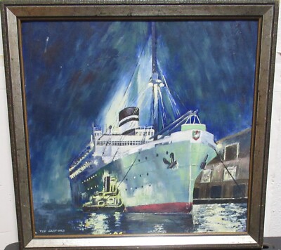 TED SANFORD CRUISE SHIP AT DOCK ORIGINAL OIL ON BOARD SEASCAPE PAINTING