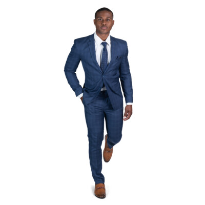 Slim Fit Navy Blue Windowpane Plaid 2 Button Notch Lapel Mens Suit