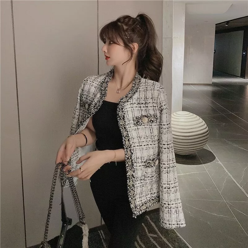 Fall Winter Runway French Small Fragrance Single-Breasted Tweed Woolen  Short Jackets Coats Top Women Plaid Outerwear Casacos - AliExpress