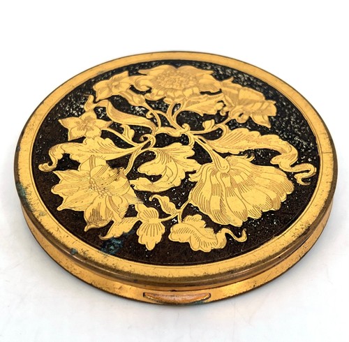 Wadsworth Powder Compact 1940s Brass Etched Florals on Sparkly Black 3in Vintage - Afbeelding 2 van 17