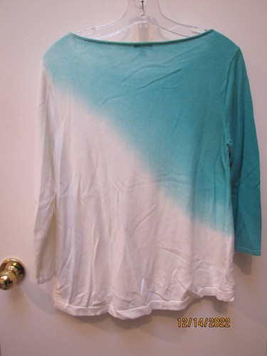 Lilla P. Sweater Top Pullover Scoop Neck Aqua & White 3/4 Sleeve Size M - Foto 3 di 3