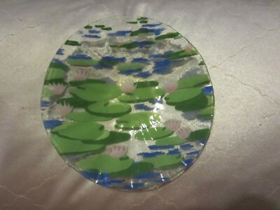 Anne C Ross Fused Art Glass Pink Water Lilies Shallow Serving Bowl NR